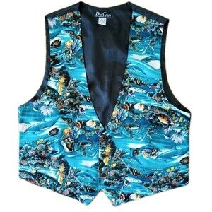 Vintage 90s D’Em Crazy Vest Mens Large Ocean Fish Sea Creatures Coral Novelty